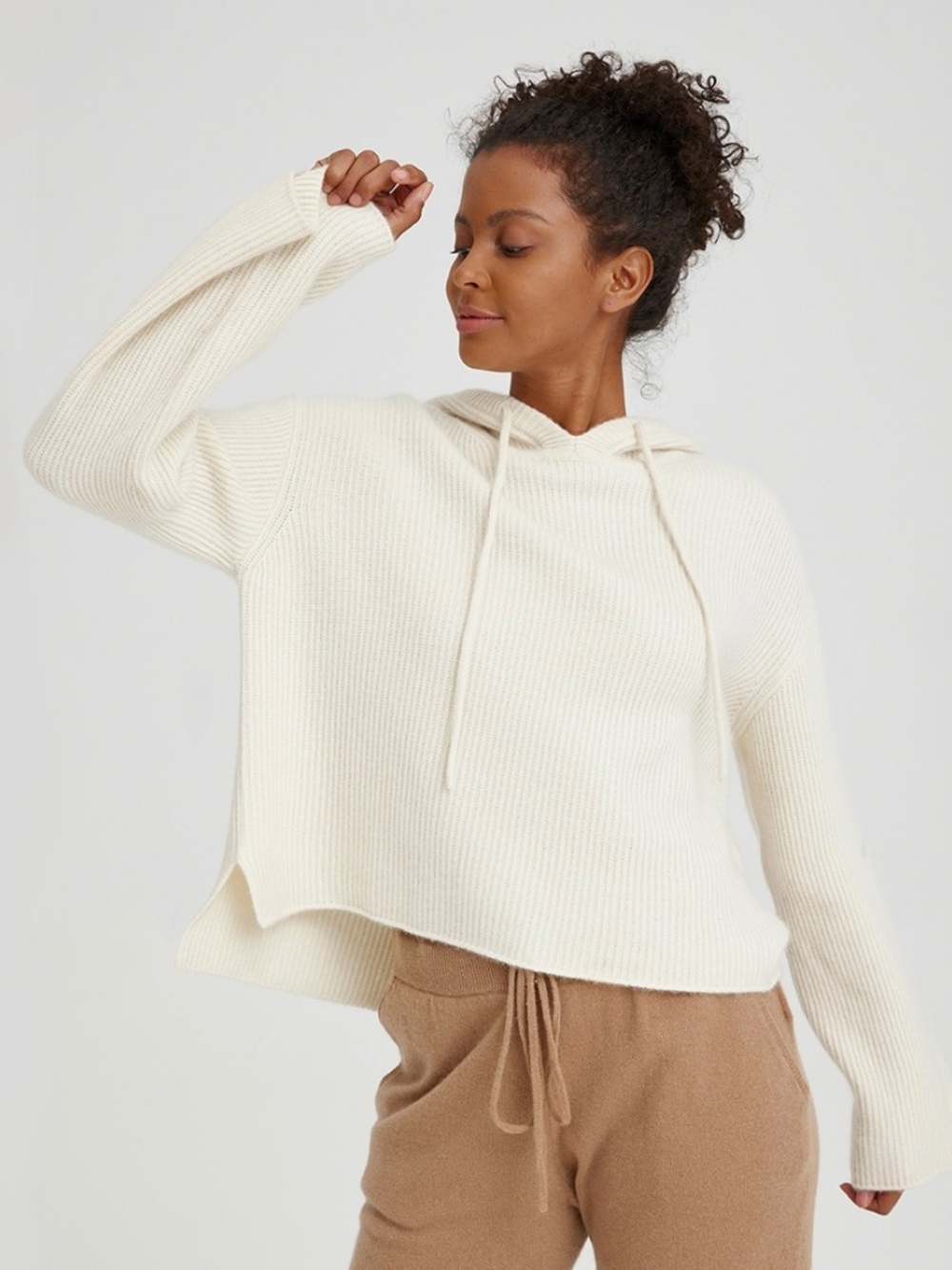 NAP 100% Ribbed Cashmere Pullover Hoodie with Flared Sleeves - S/M